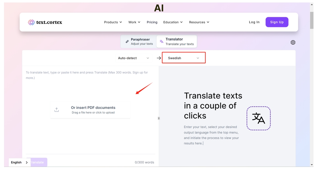 Translate a PDF to Swedish in TextCortext