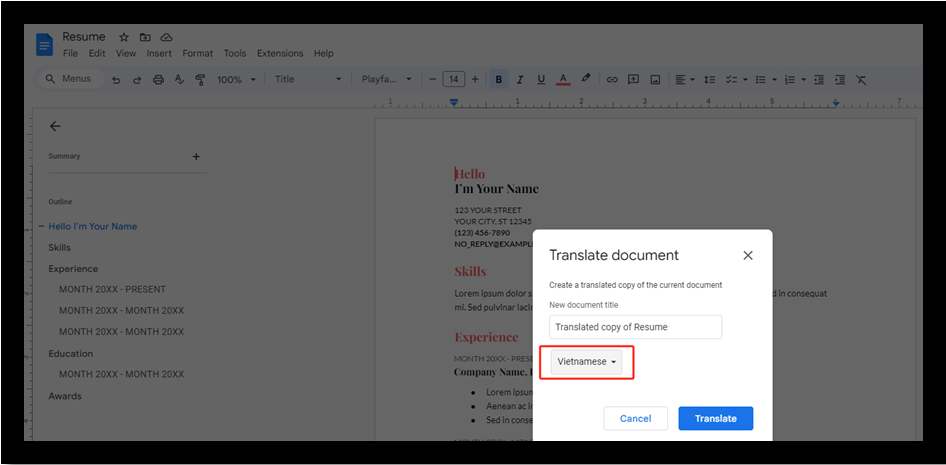 Translate PDF to Vietnamese with Google Docs