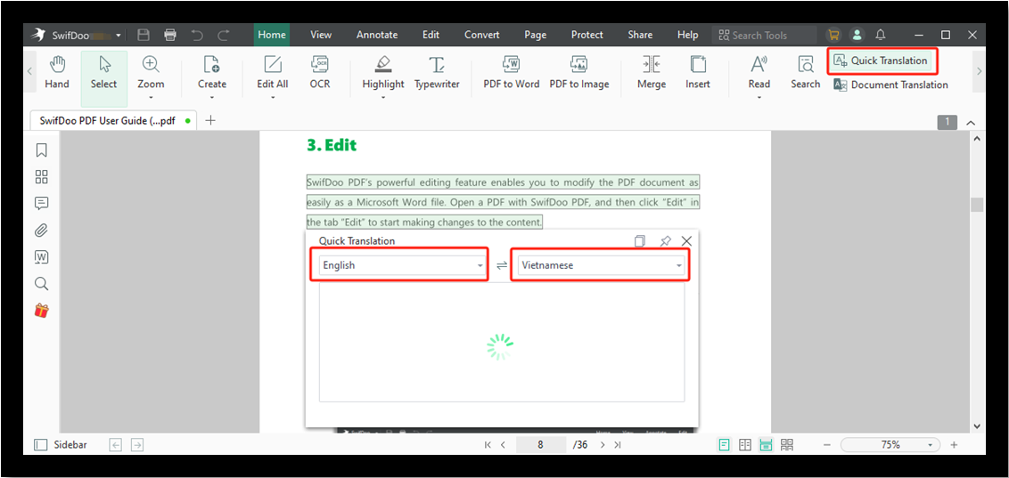 Translate PDF to Vietnamese with SwifDoo PDF Quick Translation step 3