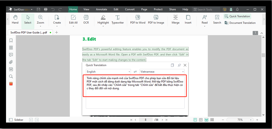 Translate PDF to Vietnamese with SwifDoo PDF Quick Translation step 4