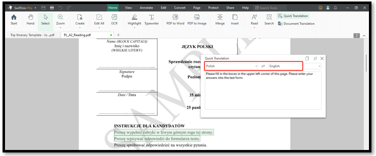 Translate Polish to English in SwifDoo PDF 1