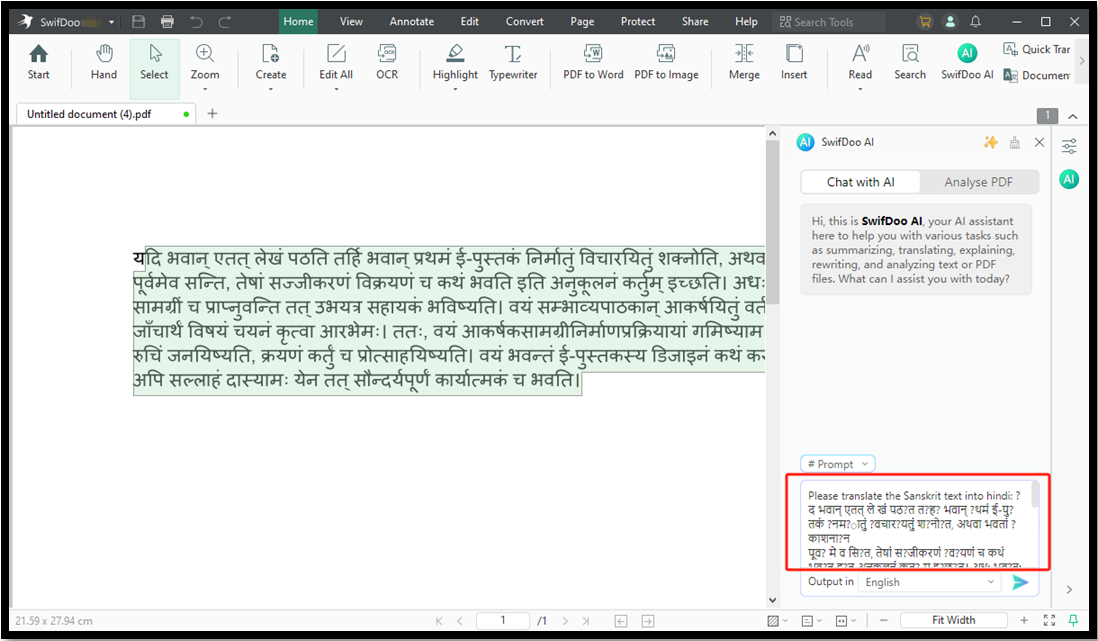 translate Sanskrit to Hindi PDF using AI SwifDoo Translator 2