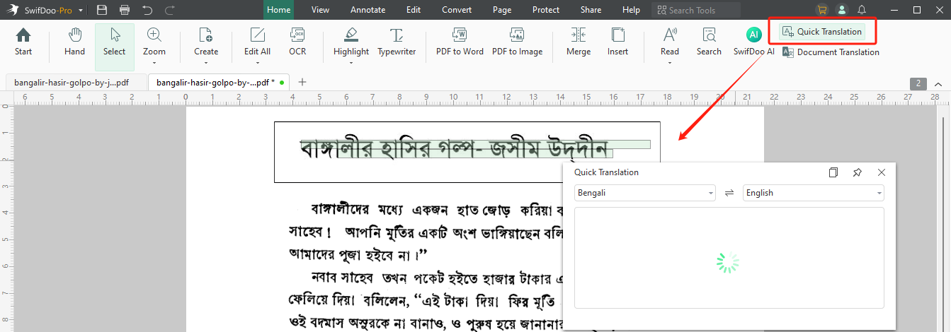 Translate Selected Content in Bengali PDF