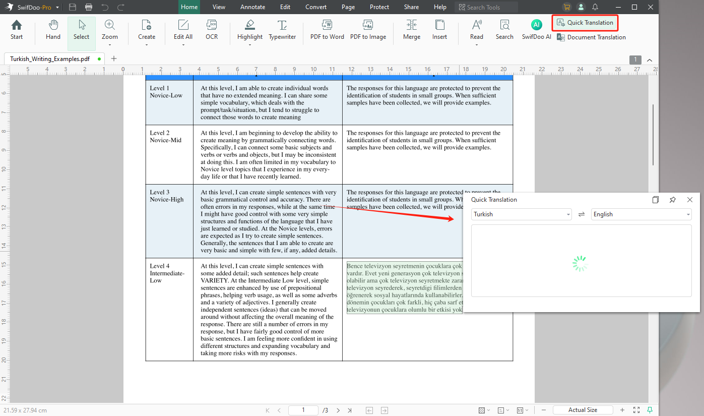Translate Selected Turkish Content with SwifDoo PDF