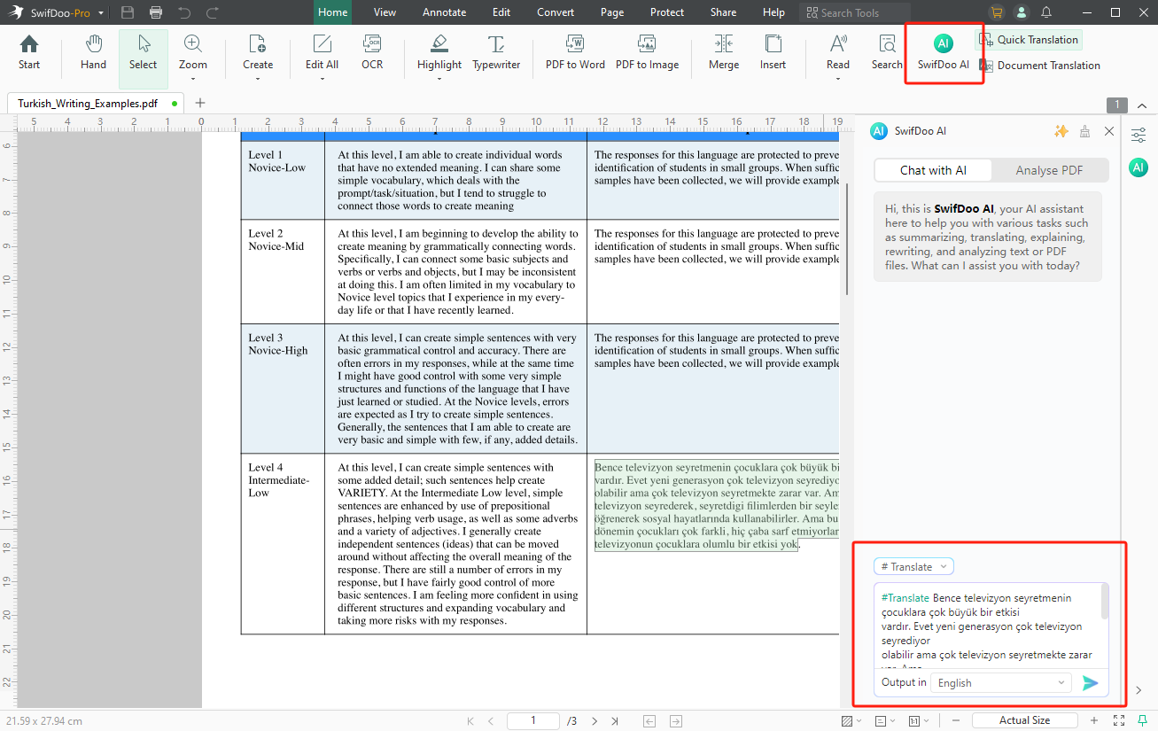 Translate Turkish PDF with SwifDoo AI