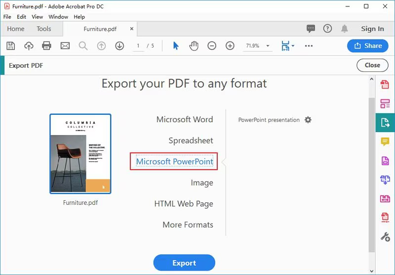 Turn PDF to PPT in Adobe