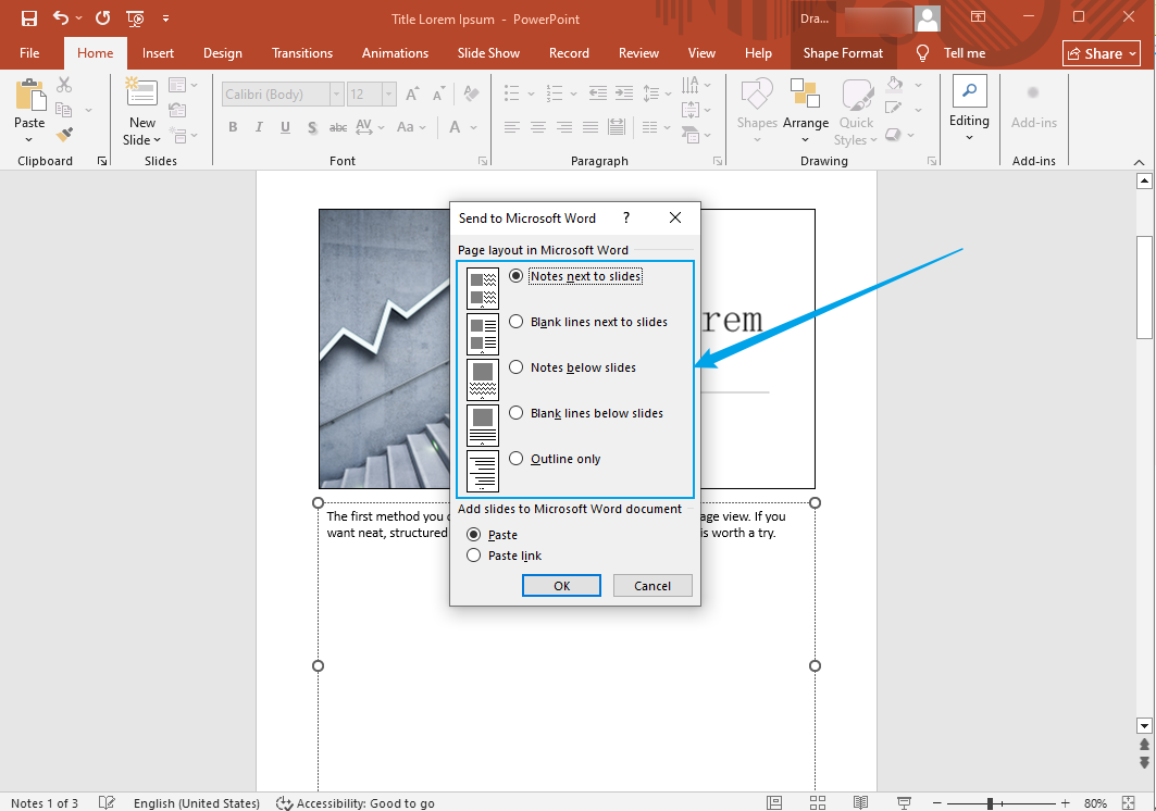 Select a page layout for the slides with notes in Microsoft PowerPoint
