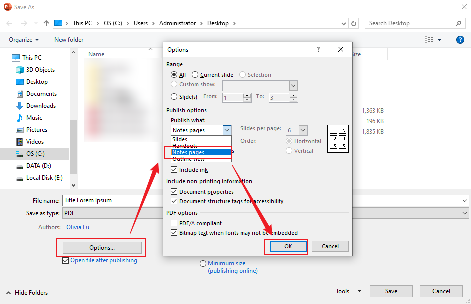 Save the PowerPoint as a PDF file and click Options to choose the Notes pages option in Microsoft PowerPoint