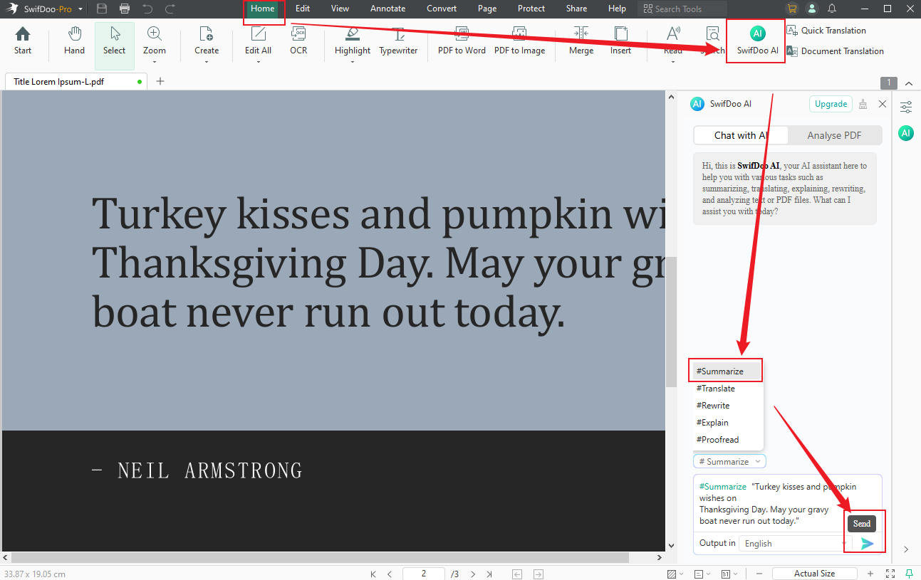 Click the SwifDoo AI option under the Home tab and select the Summarize option to summarize the PDF in SwifDoo PDF