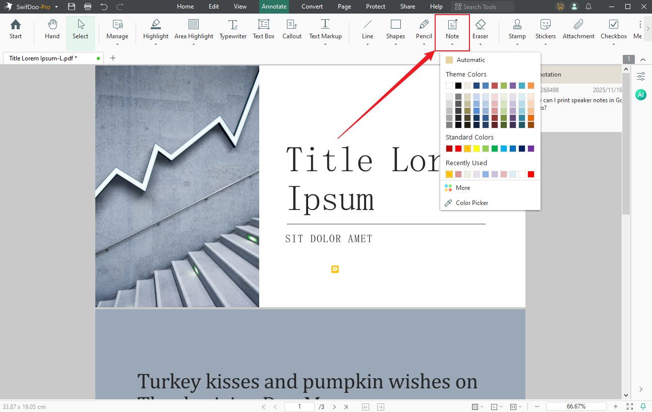 Go to Annotate and click Note to add notes for the presentation PDF file in SwifDoo PDF
