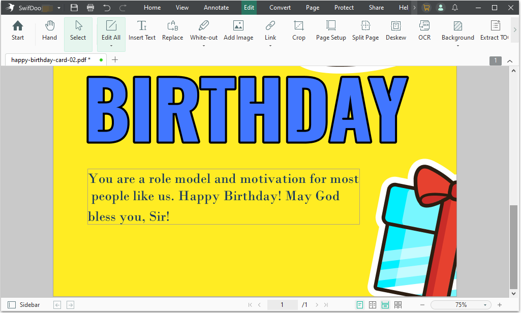 Type and edit birthday wishes for senior on birthday card