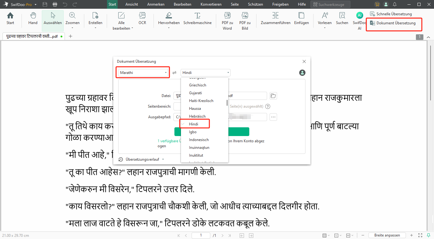 Um die Zielsprache festzulegen, tippen Sie auf den Dropdown-Pfeil im Suchfeld auf der rechten Seite und wählen Sie "Hindi".