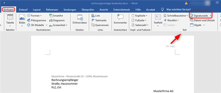 Signaturzeile in Word einfügen