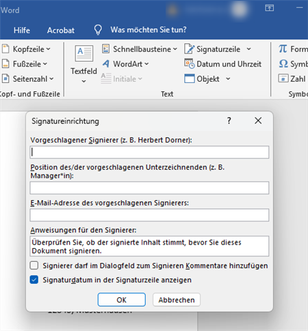 Sichtbare digitale Unterschrift in Word einfügen