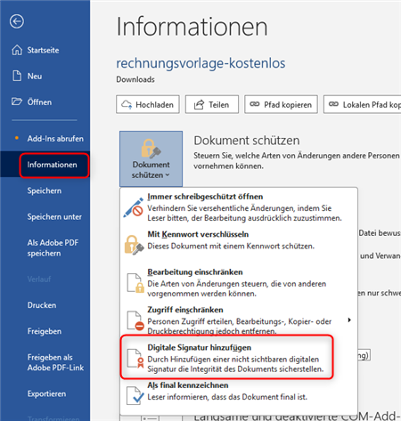 Unsichtbare digitale Unterschrift in Word einfügen