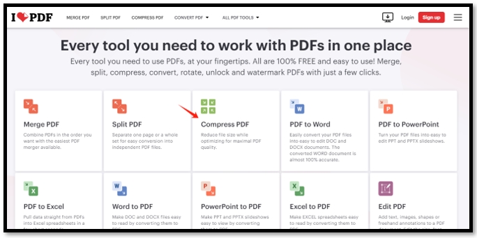 Use the iLovePDF Compress tool to reduce PDF size