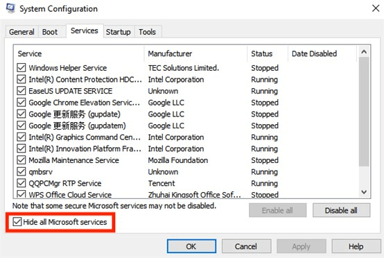 Hide all Microsoft services 