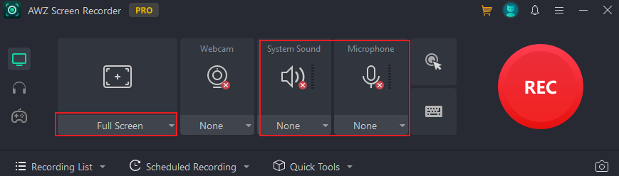 Choose the recording area and audio source in AWZ Screen Recorder