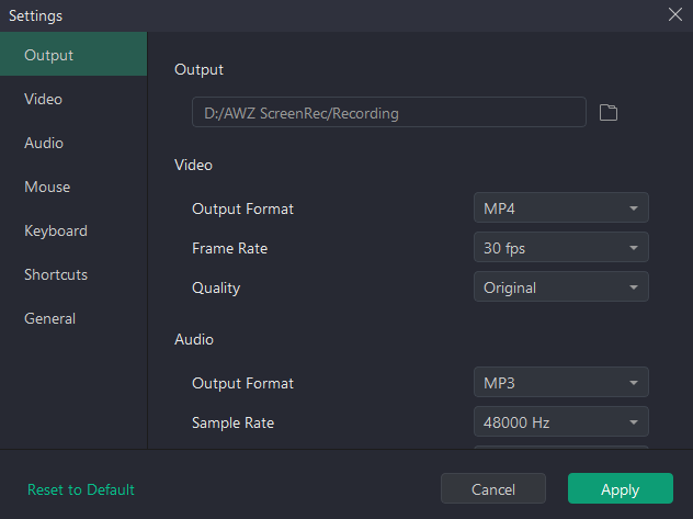Customize the recording settings in AWZ Screen Recorder