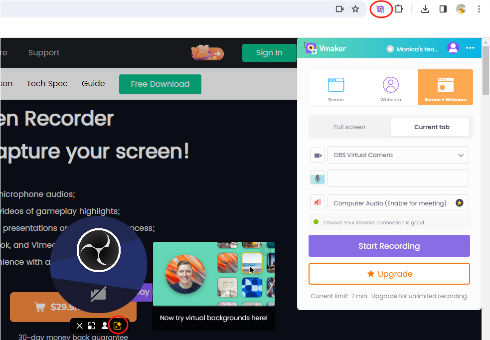 Vmaker Extension Record Webcam with Virtual Background