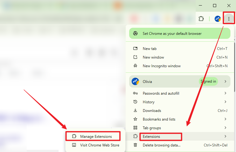 Click Menu and select Manage Extensions from the Extensions list in Chrome