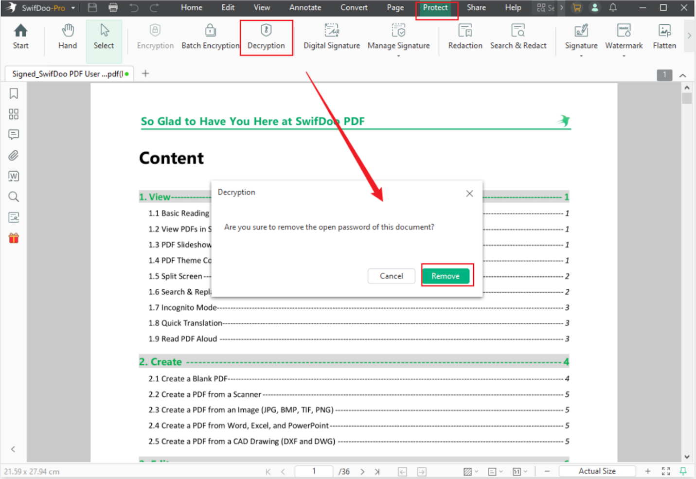 Remove permission passwords from the PDF in SwifDoo PDF