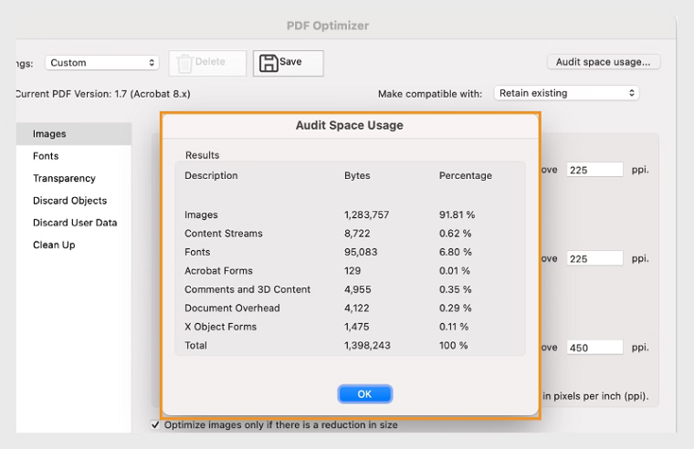 Check what is making your PDF so large in Adobe Acrobat via Audit Space Usage