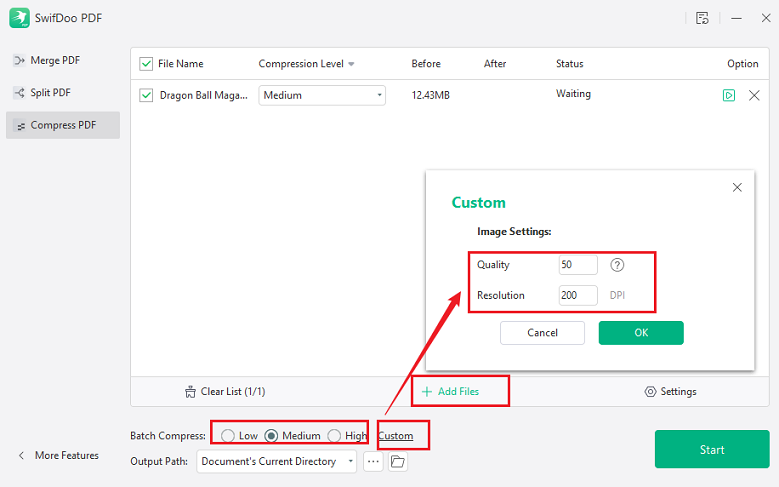 Customize the compression settings in SwifDoo PDF