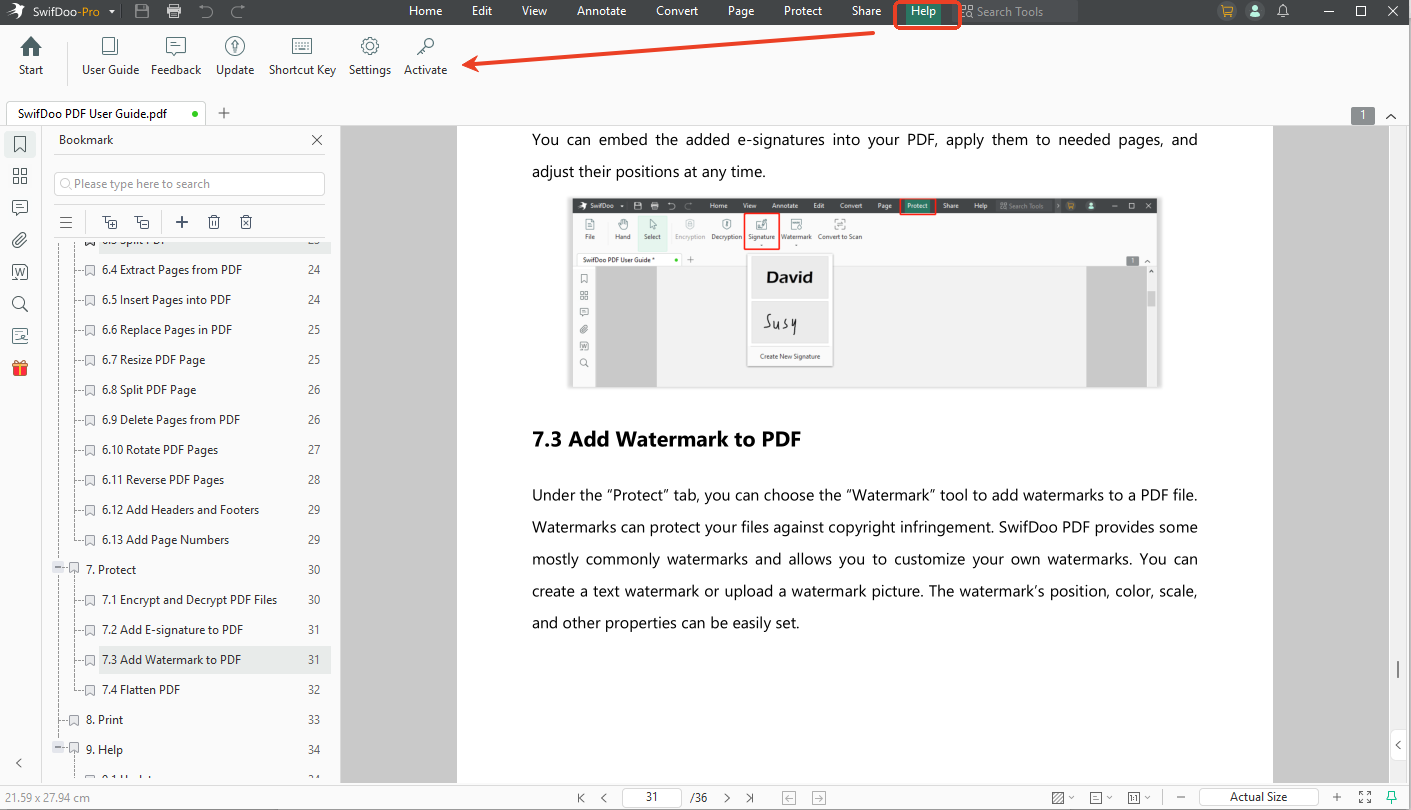 SwifDoo PDF Help Menu
