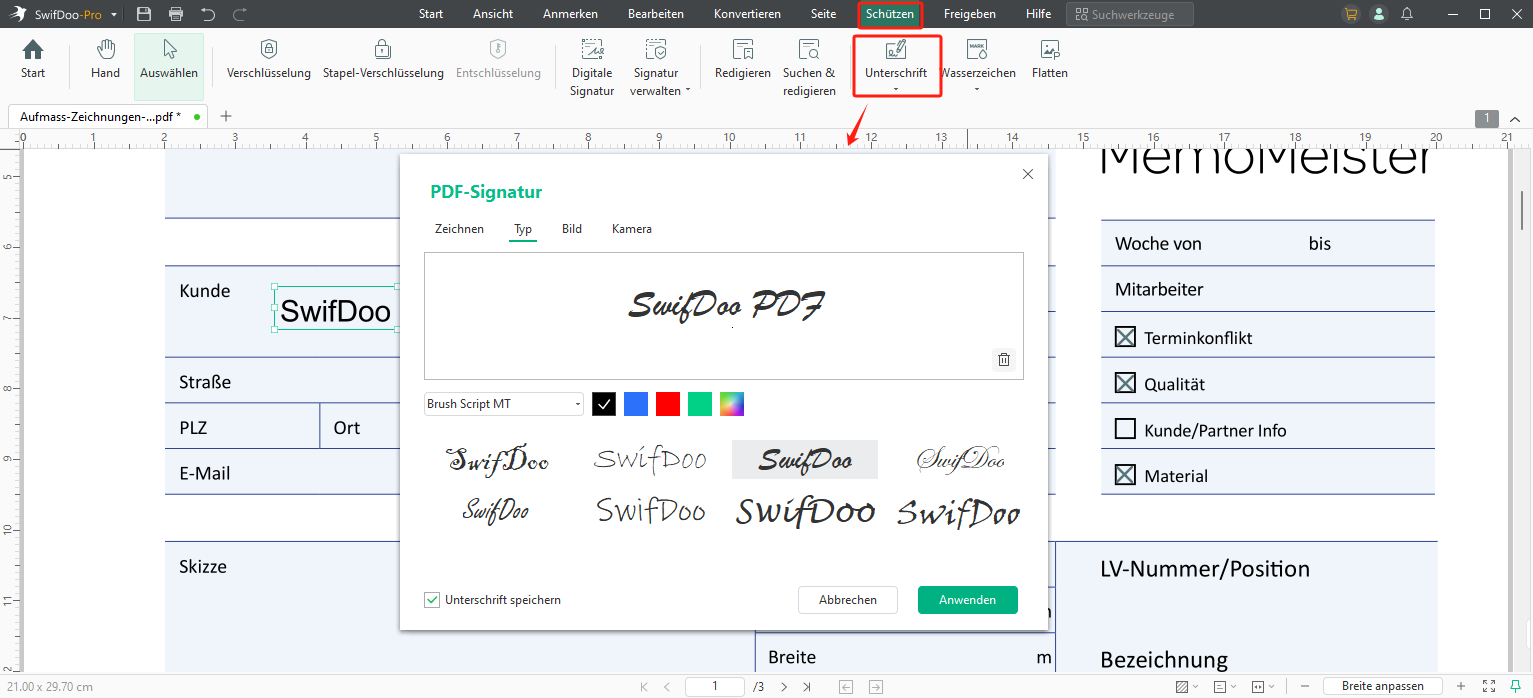 Unterschrift ins PDF Formular einfügen SwifDoo PDF