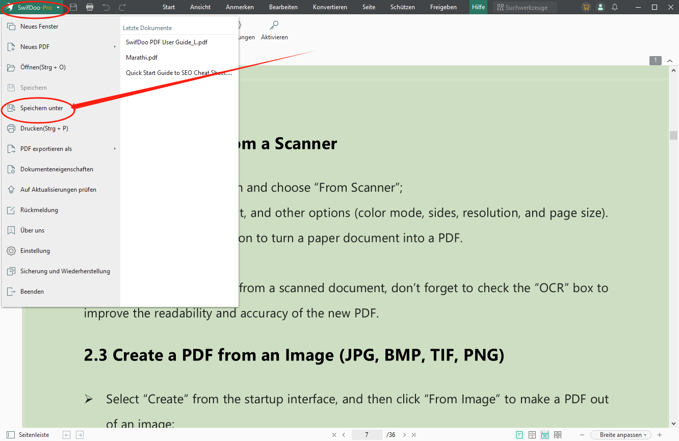 Klicken Sie nach der PDF-Bearbeitung auf das SwifDoo-Symbol in der oberen linken Ecke und wählen Sie „Speichern unter“, um die PDF Dateinamen zu ändern