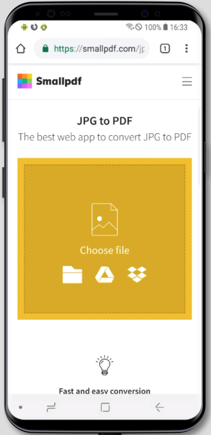 Smallpdf wird Ihr Bild automatisch konvertieren. Laden Sie die konvertierte PDF-Datei einfach auf Ihr Handy herunter. Oder Sie exportieren es auf Google Drive oder Dropbox.
