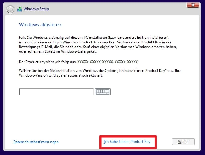 Klicken Sie einfach in diesem Schritt auf Ich habe keinen Produktschlüssel.