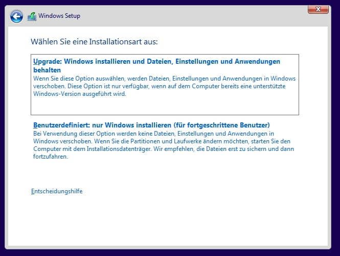Die Option Benutzerdefiniert: Nur Windows installieren (erweitert)