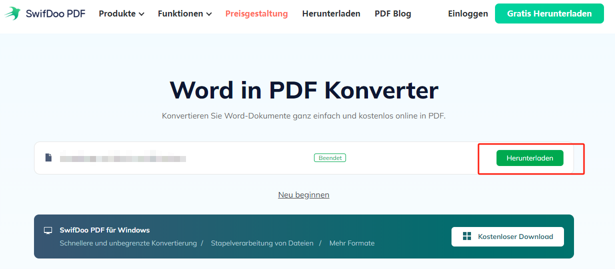 Wenn die Konvertierung abgeschlossen ist, klicken Sie auf die Schaltfläche Herunterladen, um die PDF-Datei zu speichern.