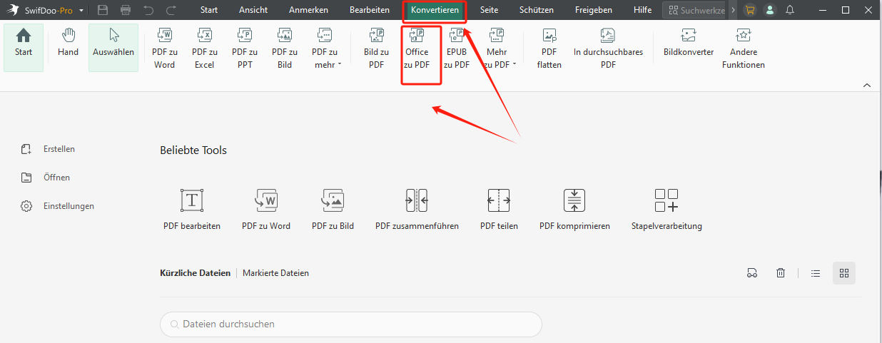 Öffnen Sie SwifDoo PDF > Wählen Sie Konvertieren und gehen Sie zu Office in PDF.