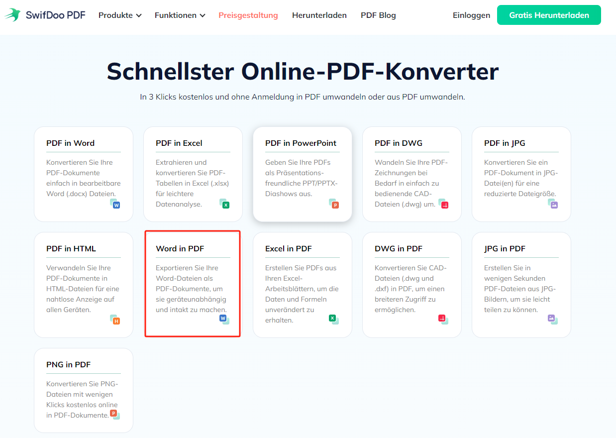 Word in PDF konvertieren online mit SwifDoo Free Online Word in PDF Konverter