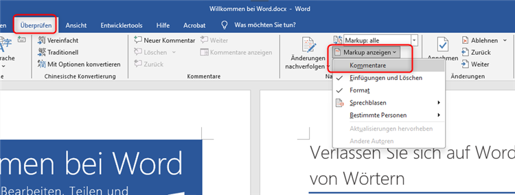 Word - Markup anzeigen
