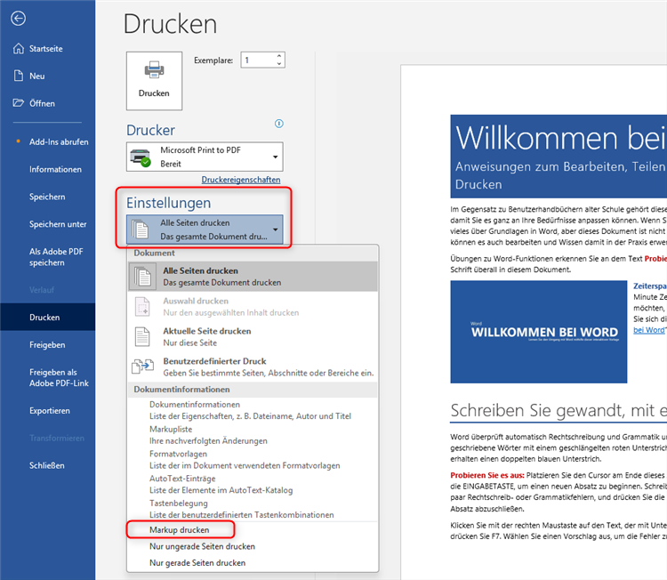 Word - „Markup drucken“ im Druckmenü deaktivieren