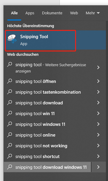Geben Sie Snipping Tool in das Suchfeld neben dem Windows-Logo ein