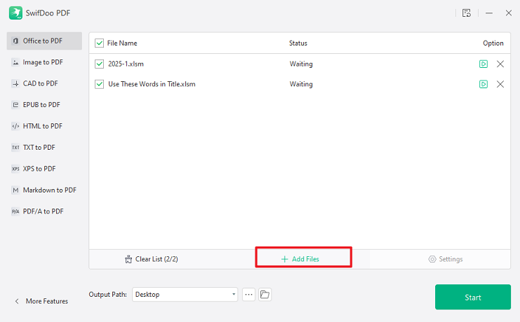 Click Add Files to import your XLSM files into SwifDoo PDF