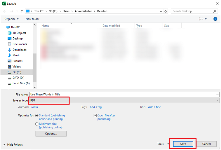 Select PDF as the output format in Microsoft Excel