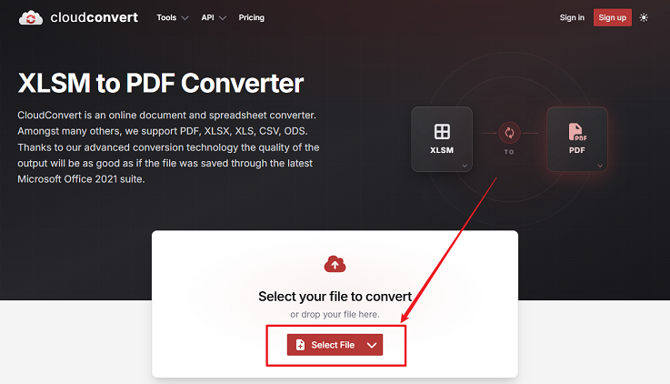 Click Select File to upload your XLSM file into CloudConvert
