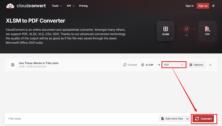 Select PDF as the output format and click Convert in CloudConvert