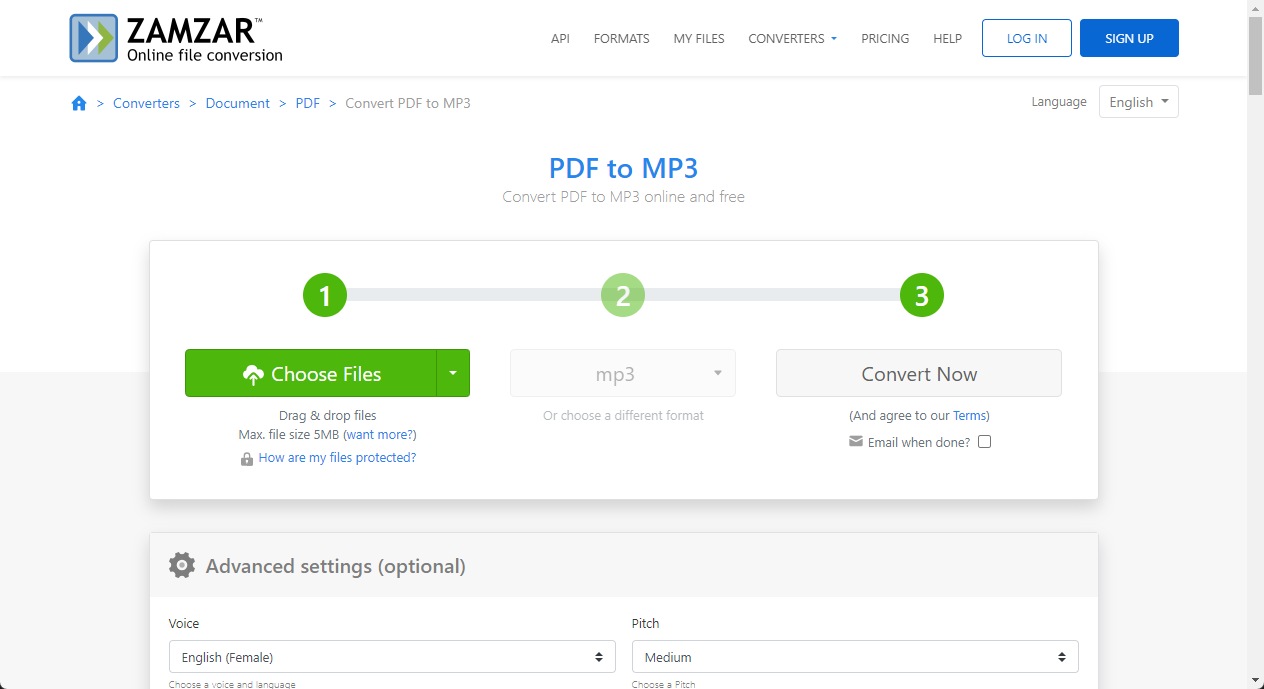 Zamzar Online PDF to MP3 Converter